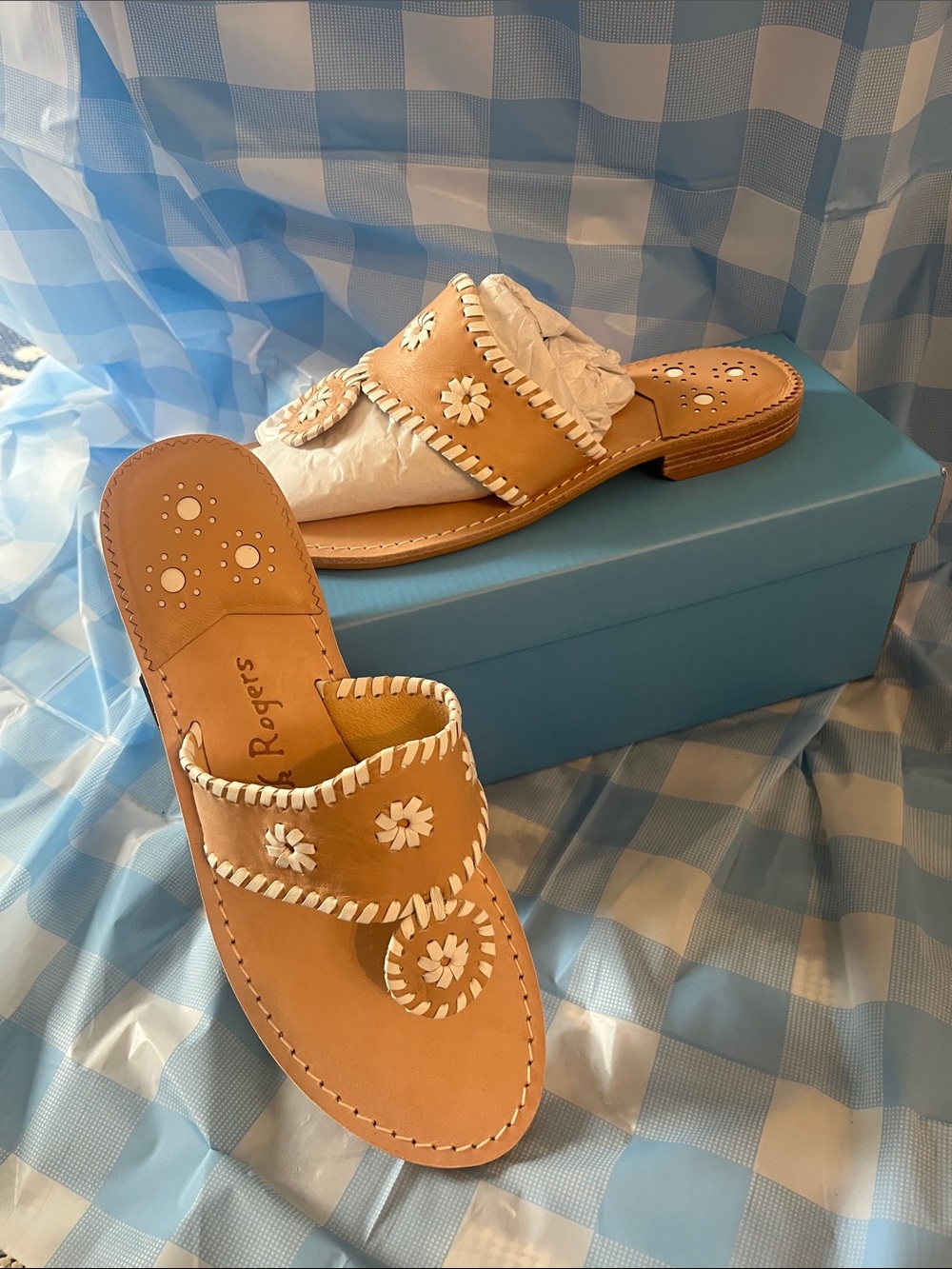 Jack Rogers Tan Leather Slide Sandals with White Whipstitch Detail
